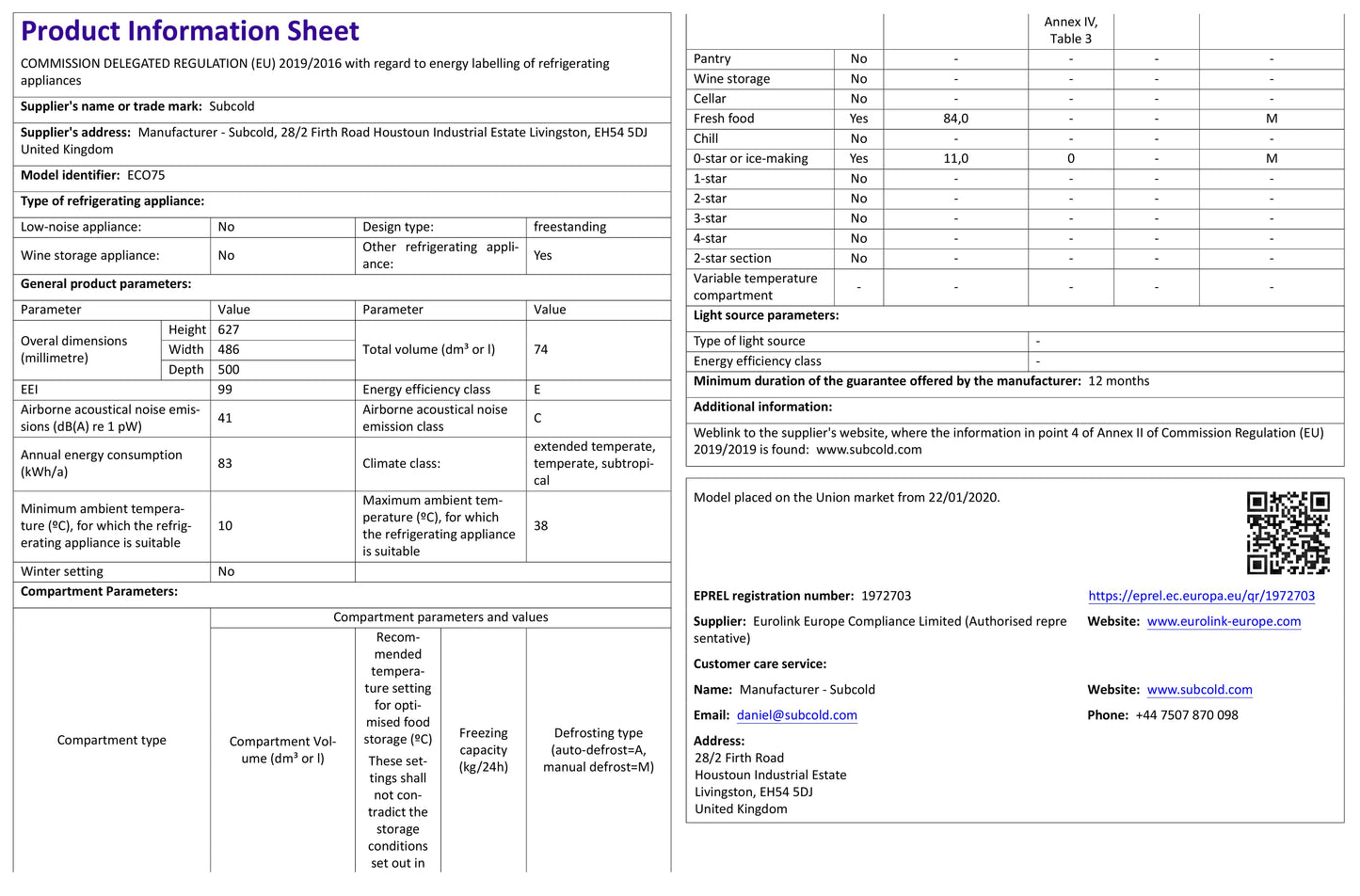 Subcold Eco75 Table Top Fridge - White