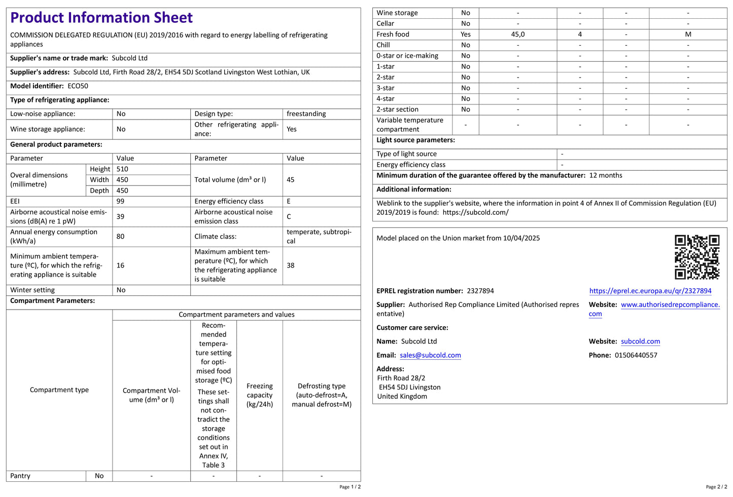 Subcold Eco50 Mini Fridge - White