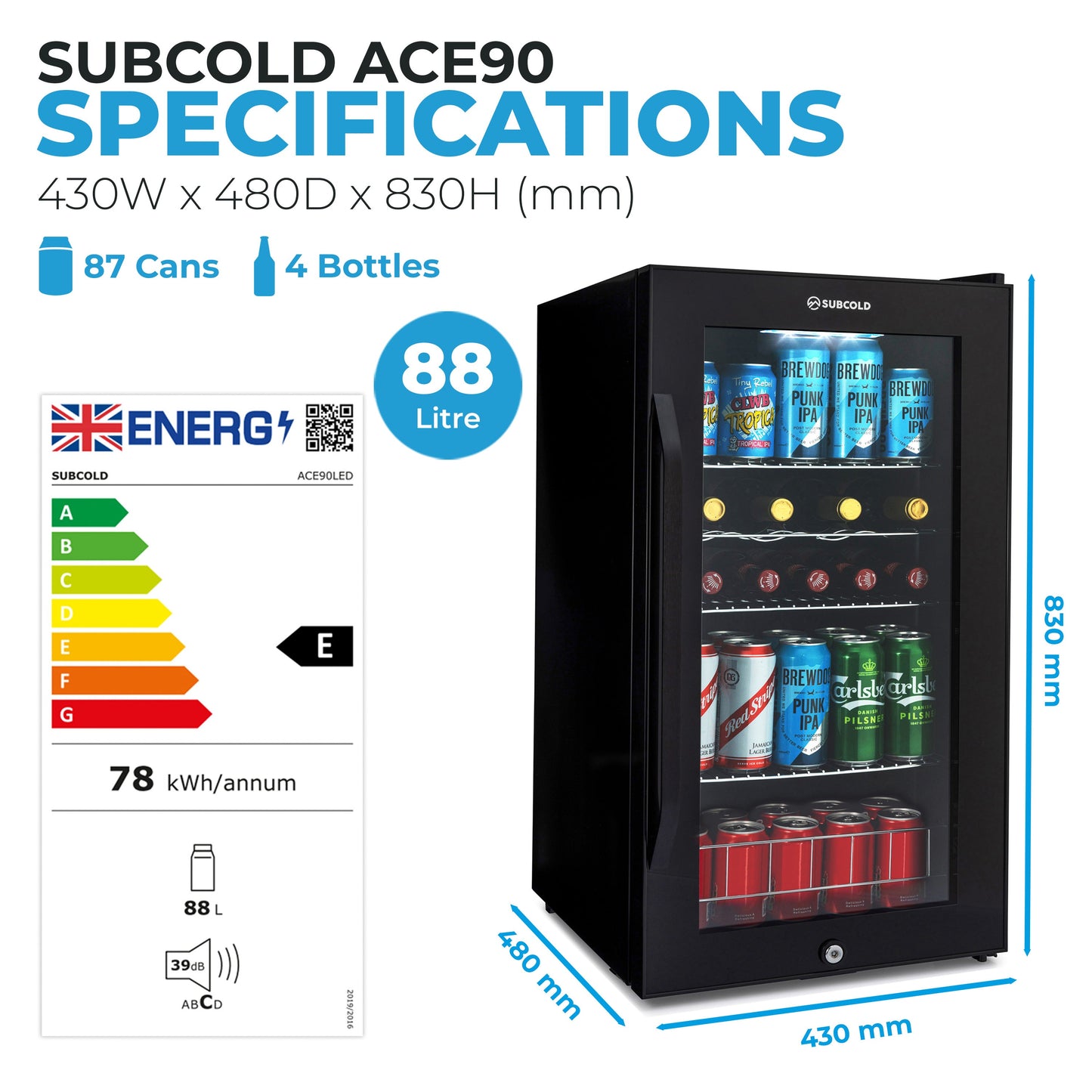 Subcold Ace 90 LED Touch Control Beer Fridge - Black